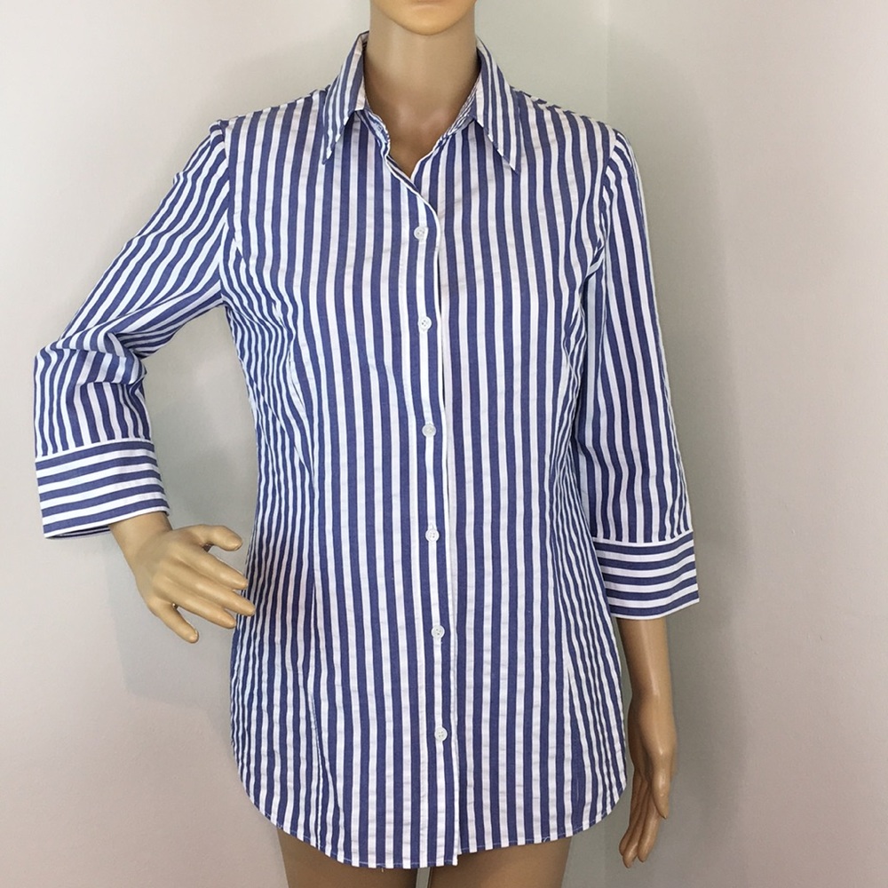 Lafayette 148 blue and white stripe button down